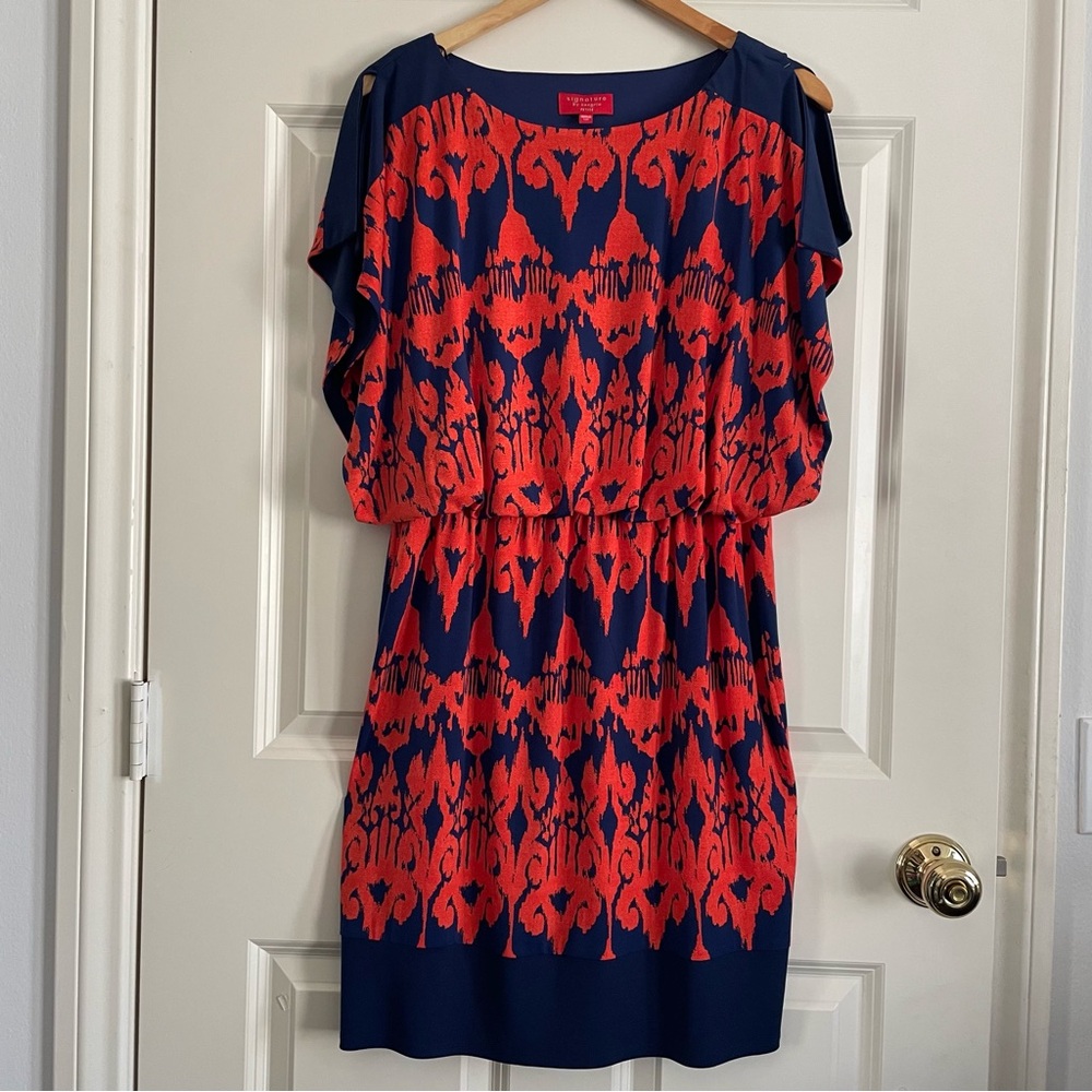 Signature by Sangria Navy and Red/Orange Patterned Midi Dress - Picture 1 of 9